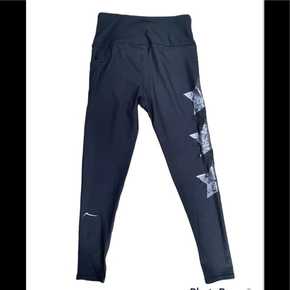 X by Gottex L Leggings Black, Silver Foil Stars Workout, Active, Gym, Yoga Pants
